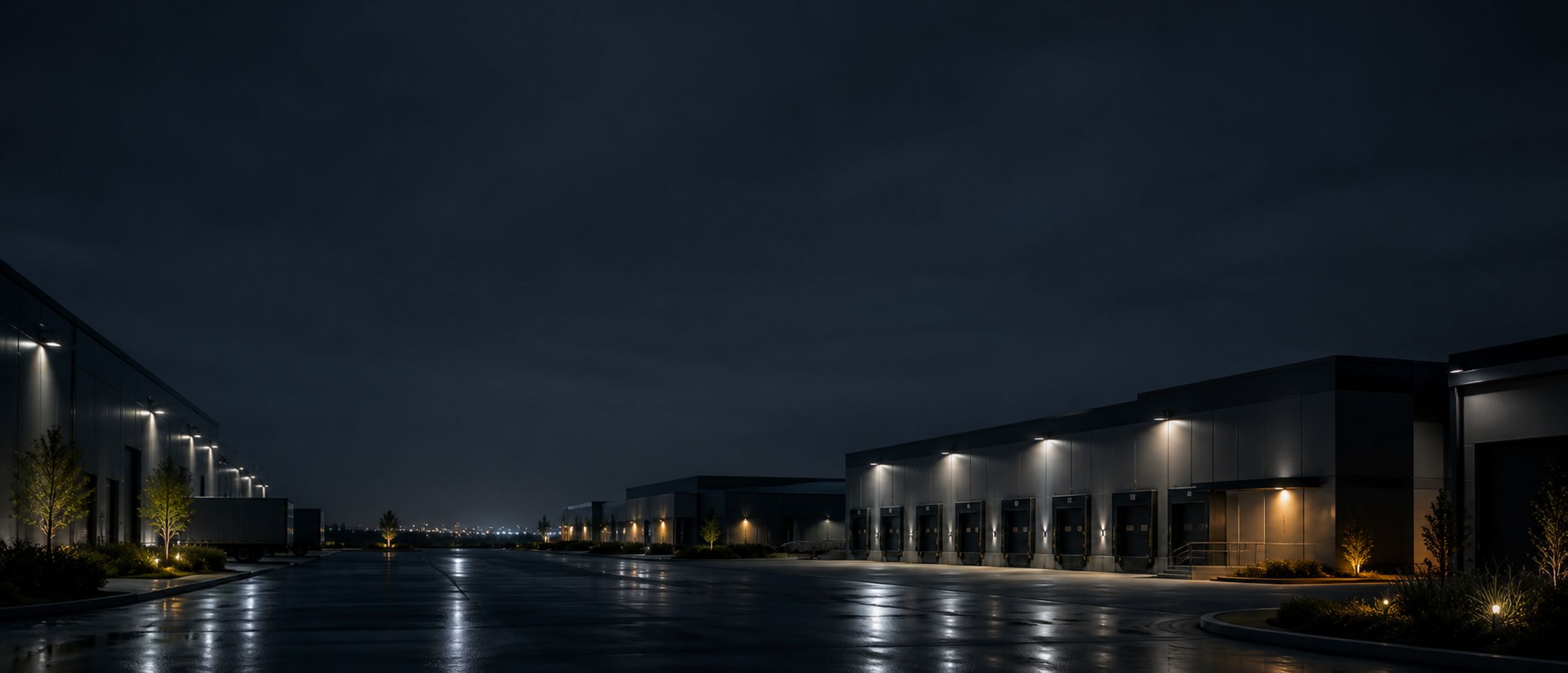 An ultra-wide night view of a logistics yard: lit loading docks along a low distribution building, wet asphalt reflecting the lamps, and distant city glow on the horizon under a dark sky.