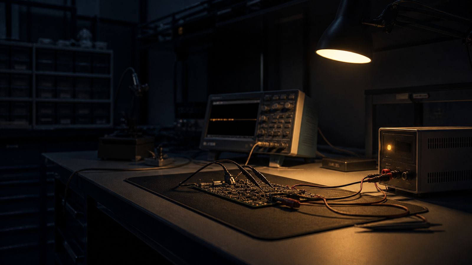A test bench mid-measurement in a dark electronics lab: an oscilloscope showing a faint waveform trace, probe leads clipped to a bare circuit board on an anti-static mat, and a bench power supply with a lit indicator, all under a warm task lamp with parts drawers in shadow behind.