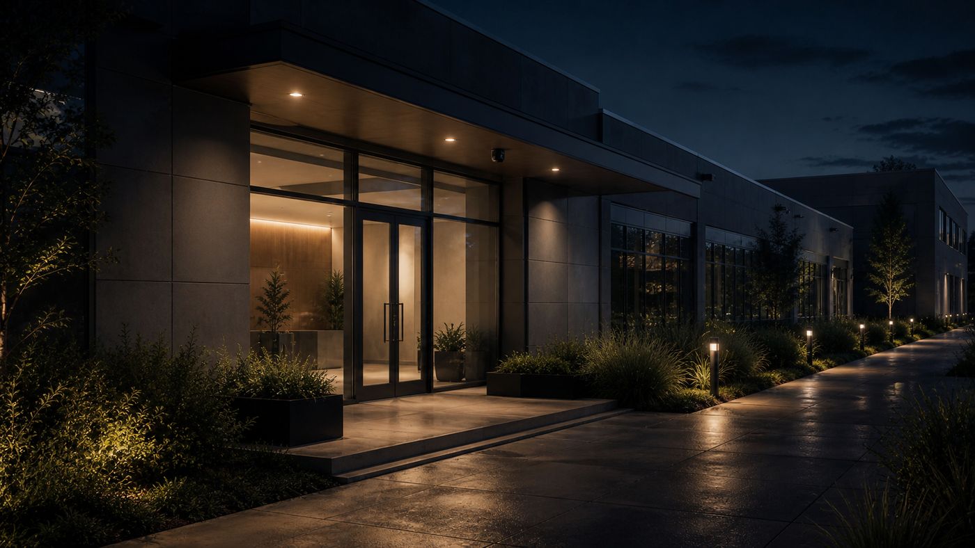 Night exterior of a low commercial building, its glass entrance lit warmly from within, with a covered walkway, bollard-lit planting and a small sensor housing under the soffit.