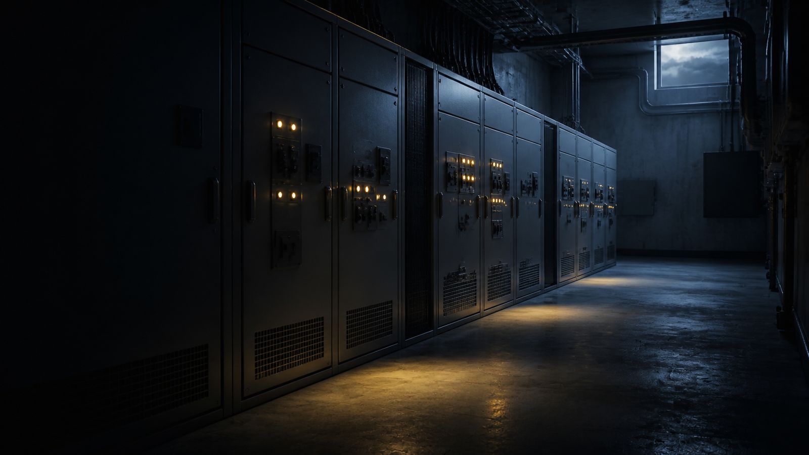 A row of grey industrial switchgear cabinets in a dim plant room at night. Small amber status lamps on the panel faces cast pools of light across the concrete floor, with cool moonlight from a high window at the far end.