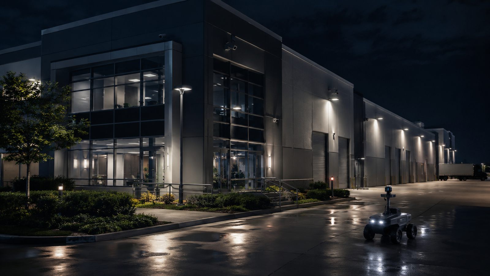 Concept render of a lit distribution facility at night with a small four-wheeled autonomous ground robot on the wet apron beside the loading docks.