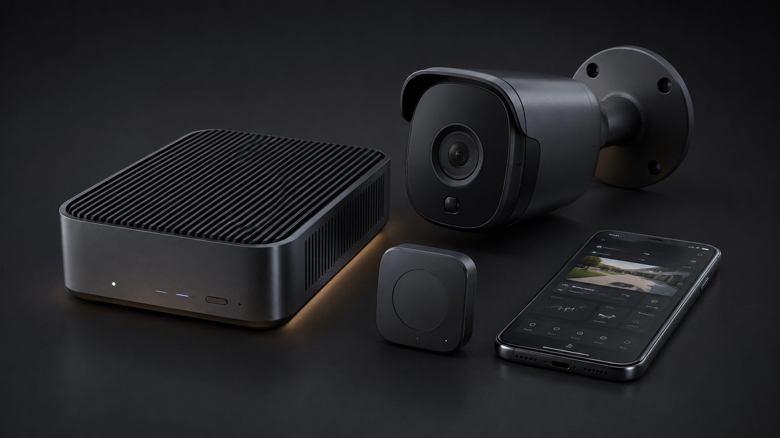 Concept render of sensing hardware: an outdoor camera, a ventilated edge compute hub, a compact sensor puck and a phone showing a property dashboard.