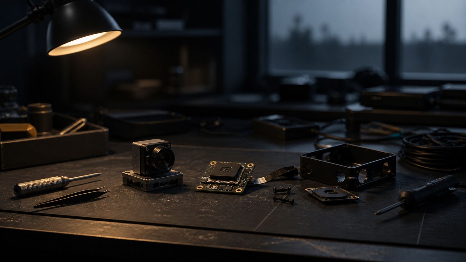 A dark engineering workbench lit by a single warm task lamp: a camera module on a machined mount, a bare circuit board trailing a ribbon cable, a partly disassembled metal enclosure, and hand tools laid out on the surface.