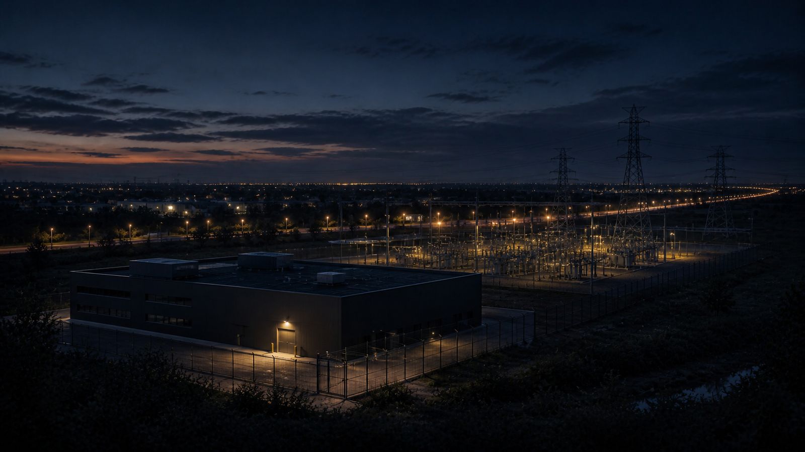 Night view across a mixed technical landscape from slight elevation: a low dark plant building behind a perimeter fence in the foreground, its single service door lit; an electrical substation and transmission pylons in the middle distance; a lit road and distant town lights along the horizon under a dusk sky.