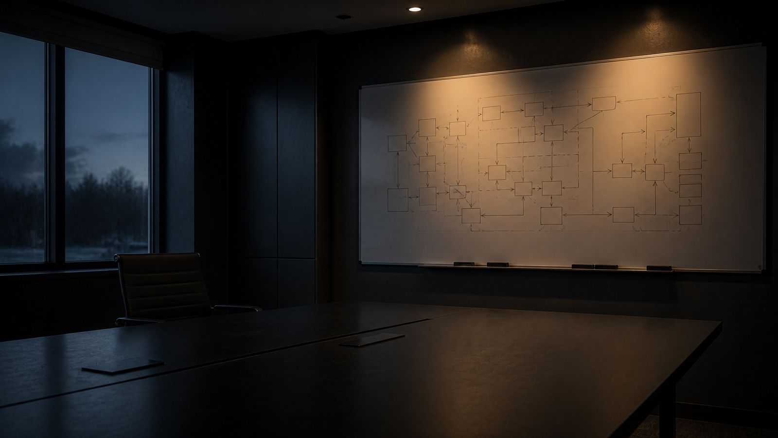 An empty meeting room at dusk. A large whiteboard, lit by warm ceiling downlights, carries a hand-drawn system architecture of boxes and arrows; a conference table and one chair sit in near-silhouette, with cool blue evening light from a window at the left.